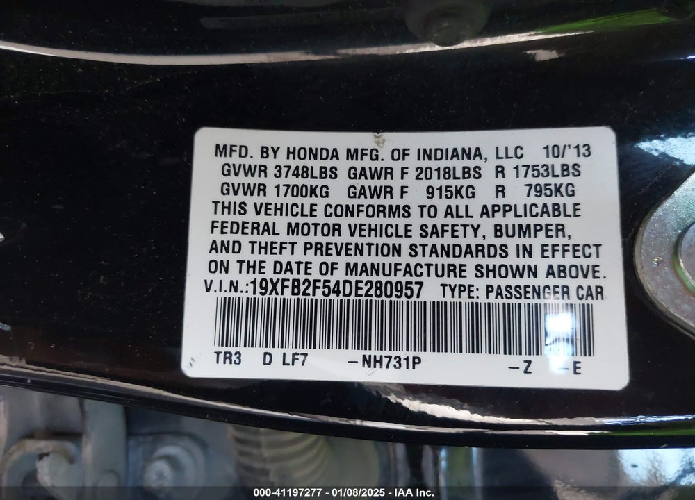2013 HONDA CIVIC LX VIN: 19XFB2F54DE280957