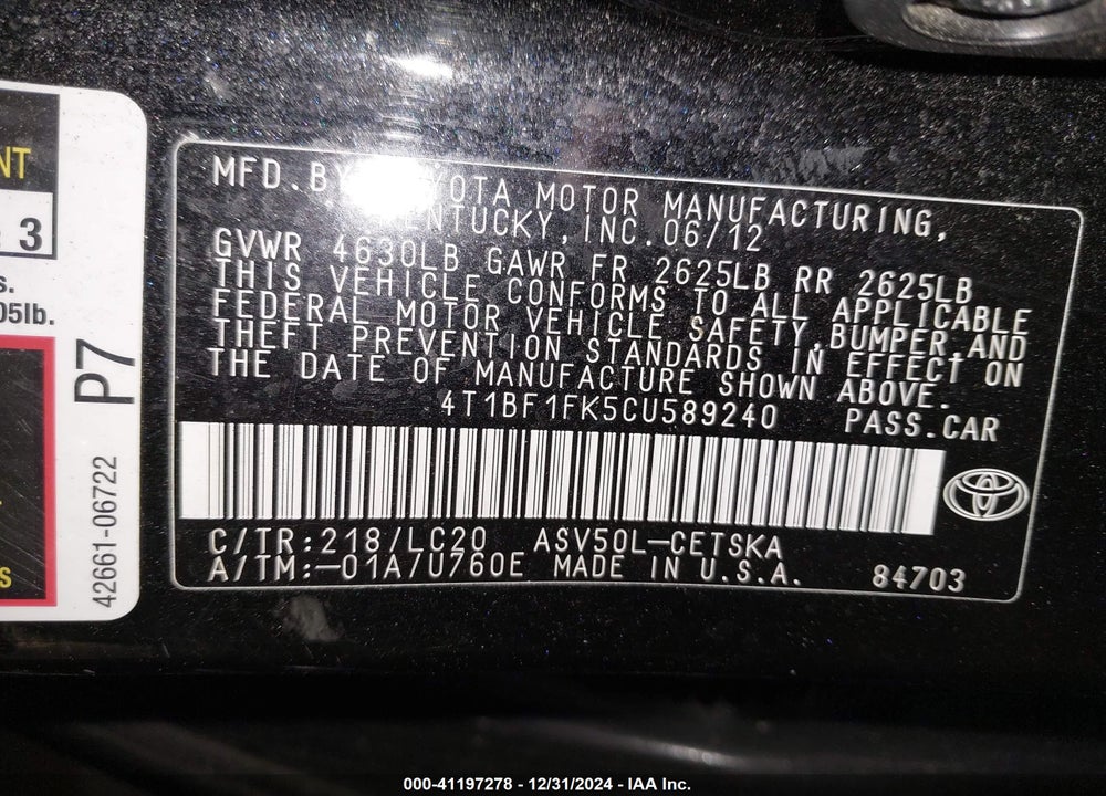 2012 TOYOTA CAMRY SE VIN: 4T1BF1FK5CU589240