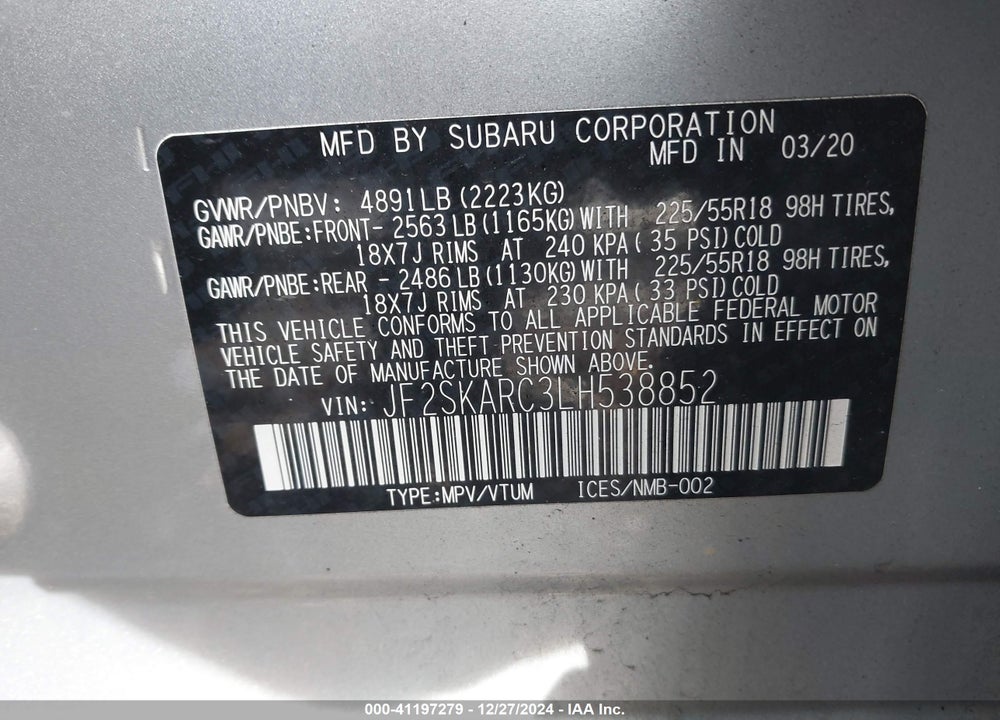 2020 SUBARU FORESTER SPORT VIN: JF2SKARC3LH538852