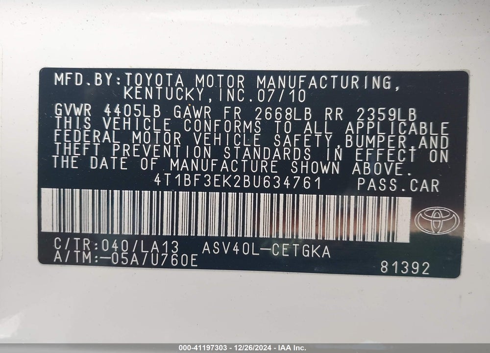 2011 TOYOTA CAMRY XLE VIN: 4T1BF3EK2BU634761