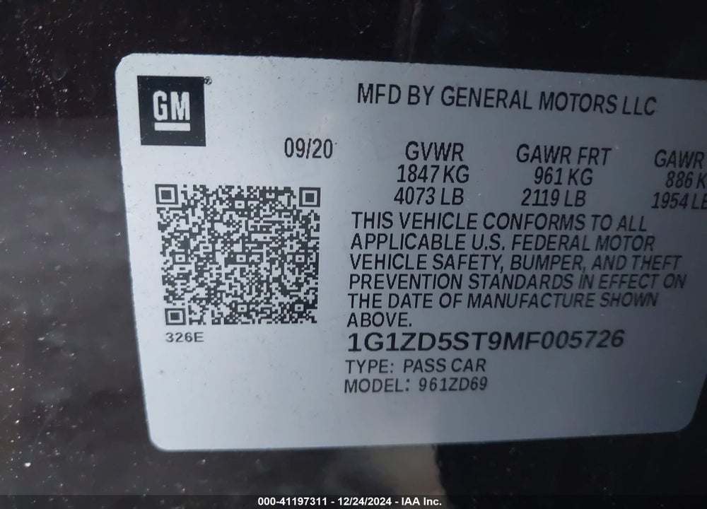 2021 CHEVROLET MALIBU VIN: 1G1ZD5ST9MF005726