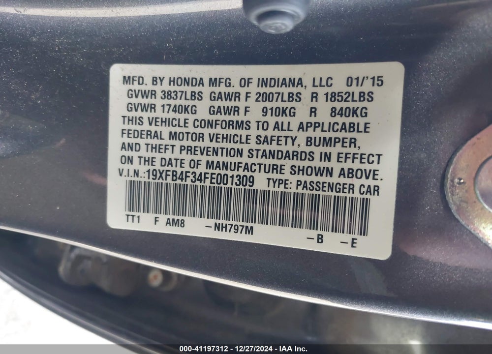 2015 HONDA CIVIC VIN: 19XFB4F34FE001309