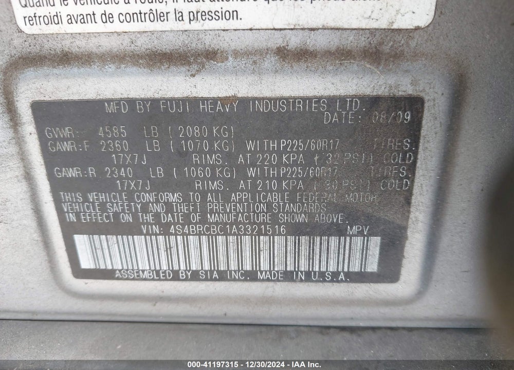 2010 SUBARU OUTBACK 2.5I PREMIUM VIN: 4S4BRCBC1A3321516