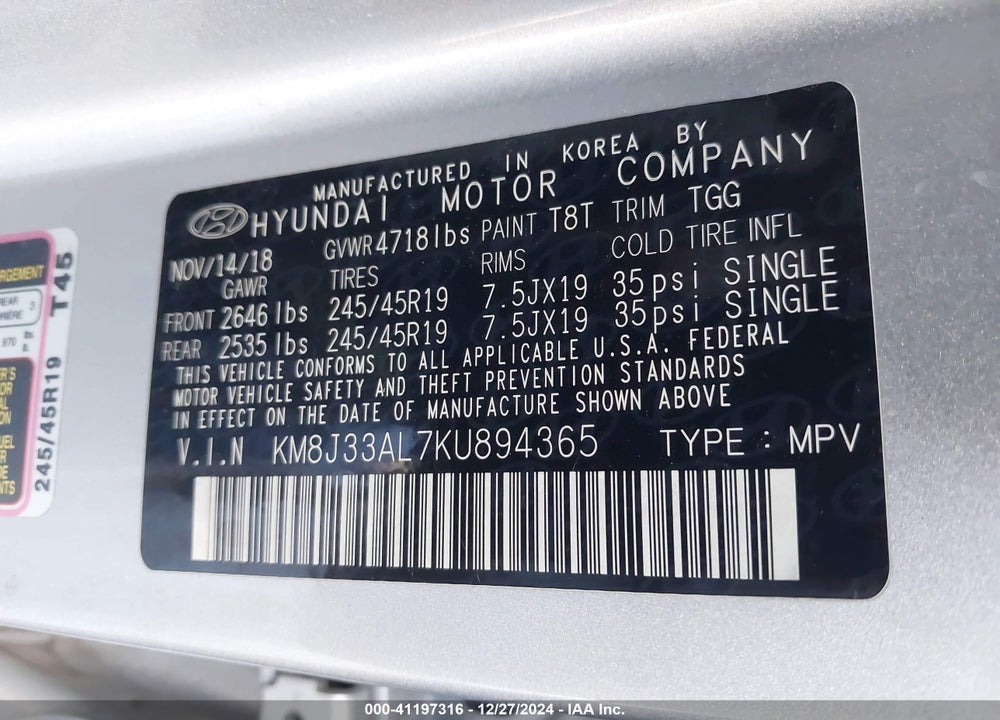 2019 HYUNDAI TUCSON VIN: KM8J33AL7KU894365