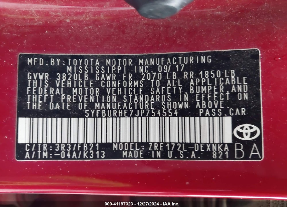 2018 TOYOTA COROLLA LE VIN: 5YFBURHE7JP754554
