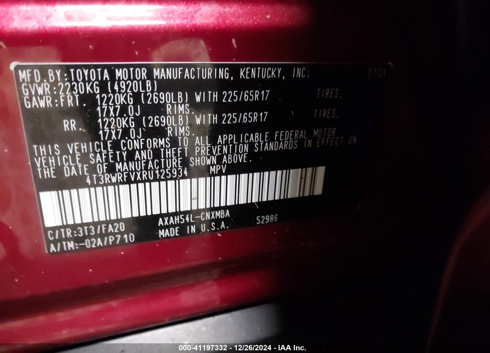 2024 TOYOTA RAV4 HYBRID XLE VIN: 4T3RWRFVXRU125934