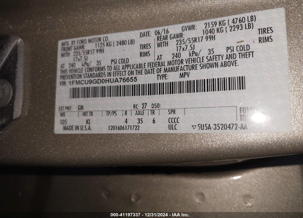 2017 FORD ESCAPE SE VIN: 1FMCU9GD0HUA76655