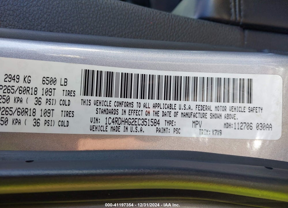 2014 DODGE DURANGO SXT VIN: 1C4RDHAG2EC351584
