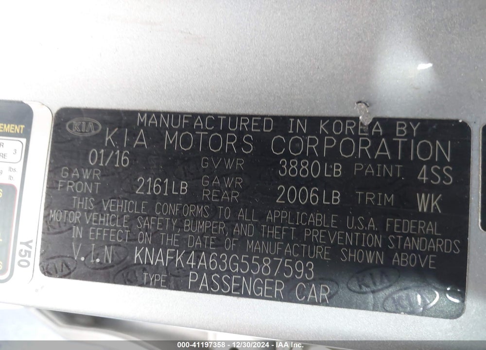 2016 KIA FORTE LX VIN: KNAFK4A63G5587593