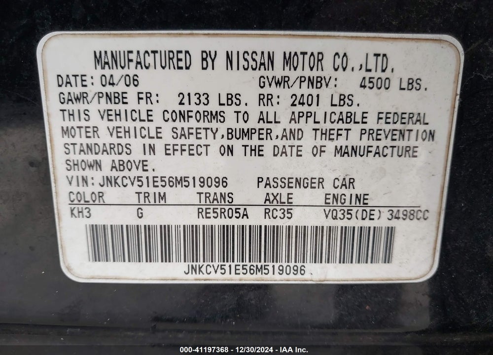 2006 INFINITI G35 VIN: JNKCV51E56M519096