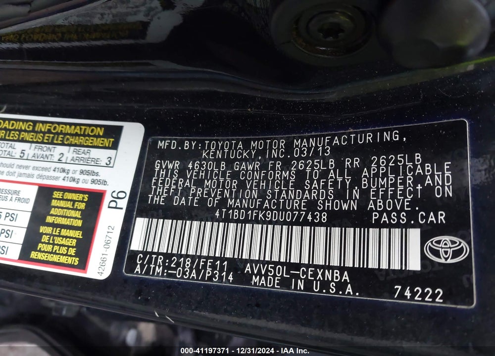 2013 TOYOTA CAMRY HYBRID LE VIN: 4T1BD1FK9DU077438
