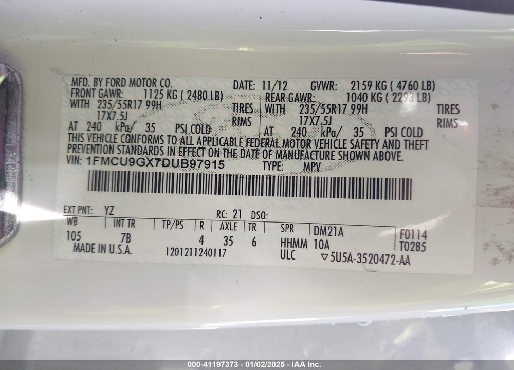 2013 FORD ESCAPE SE VIN: 1FMCU9GX7DUB97915
