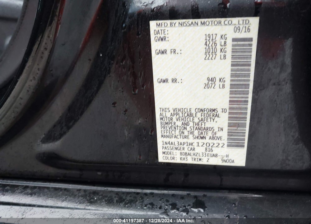 2017 NISSAN ALTIMA VIN: 1N4AL3AP1HC120222