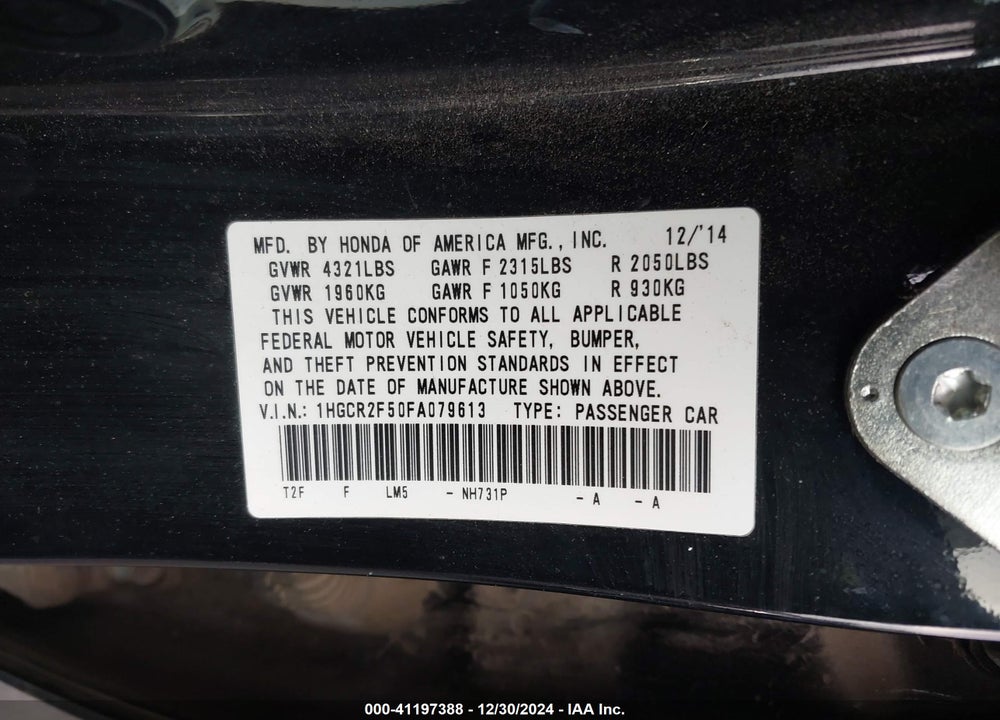 2015 HONDA ACCORD SPORT VIN: 1HGCR2F50FA079613