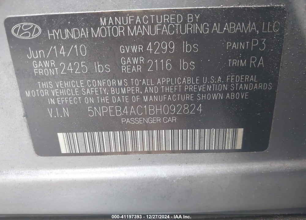 2011 HYUNDAI SONATA GLS VIN: 5NPEB4AC1BH092824