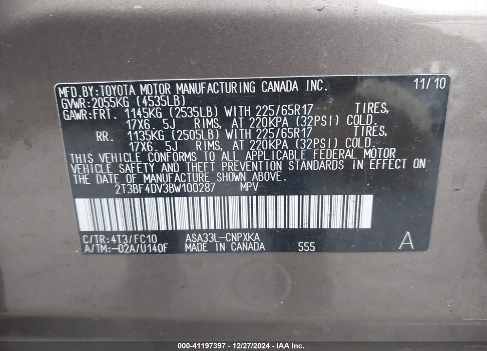2011 TOYOTA RAV4 VIN: 2T3BF4DV3BW100287