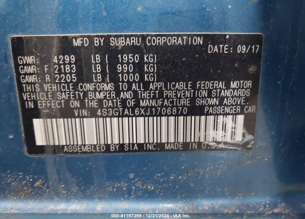 2018 SUBARU IMPREZA VIN: 4S3GTAL6XJ1706870