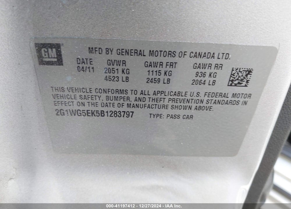2011 CHEVROLET IMPALA LT VIN: 2G1WG5EK5B1283797