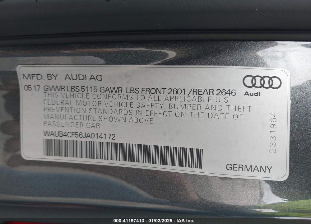 2018 AUDI S5 3.0T PREMIUM PLUS VIN: WAUB4CF56JA014172
