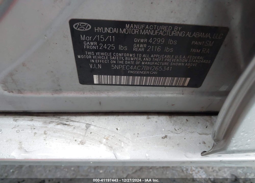 2011 HYUNDAI SONATA VIN: 5NPEC4AC7BH265341