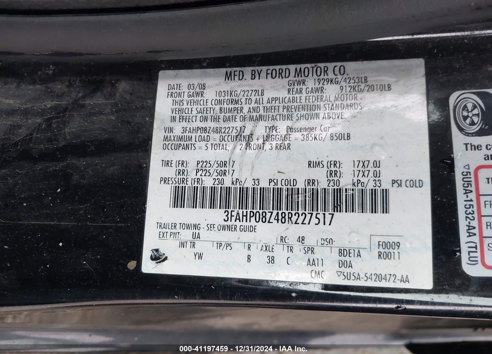 2008 FORD FUSION VIN: 3FAHP08Z48R227517