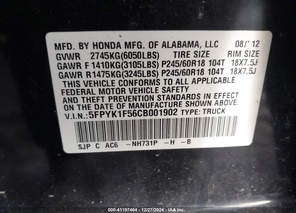 2012 HONDA RIDGELINE VIN: 5FPYK1F56CB001902