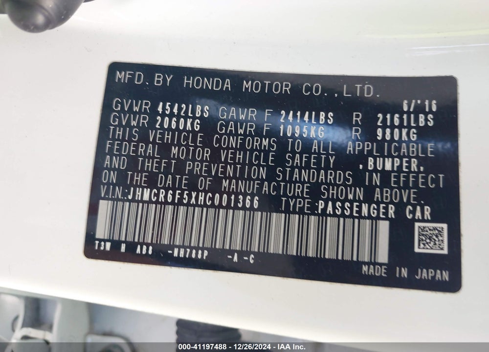 2017 HONDA ACCORD HYBRID VIN: JHMCR6F5XHC001366