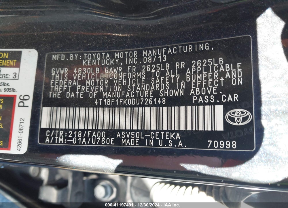 2013 TOYOTA CAMRY VIN: 4T1BF1FK0DU726148