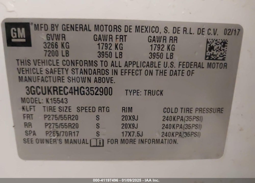 2017 CHEVROLET SILVERADO 1500 VIN: 3GCUKREC4HG352900