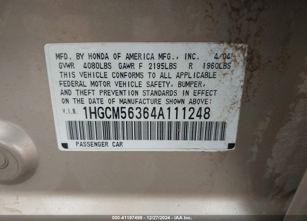 2004 HONDA ACCORD 2.4 LX VIN: 1HGCM56364A111248