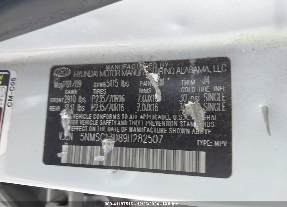 2009 HYUNDAI SANTA FE GLS VIN: 5NMSG13D89H282507