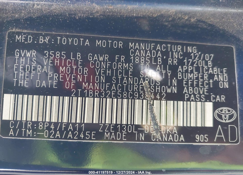 2008 TOYOTA COROLLA CE VIN: 2T1BR32E58C938442