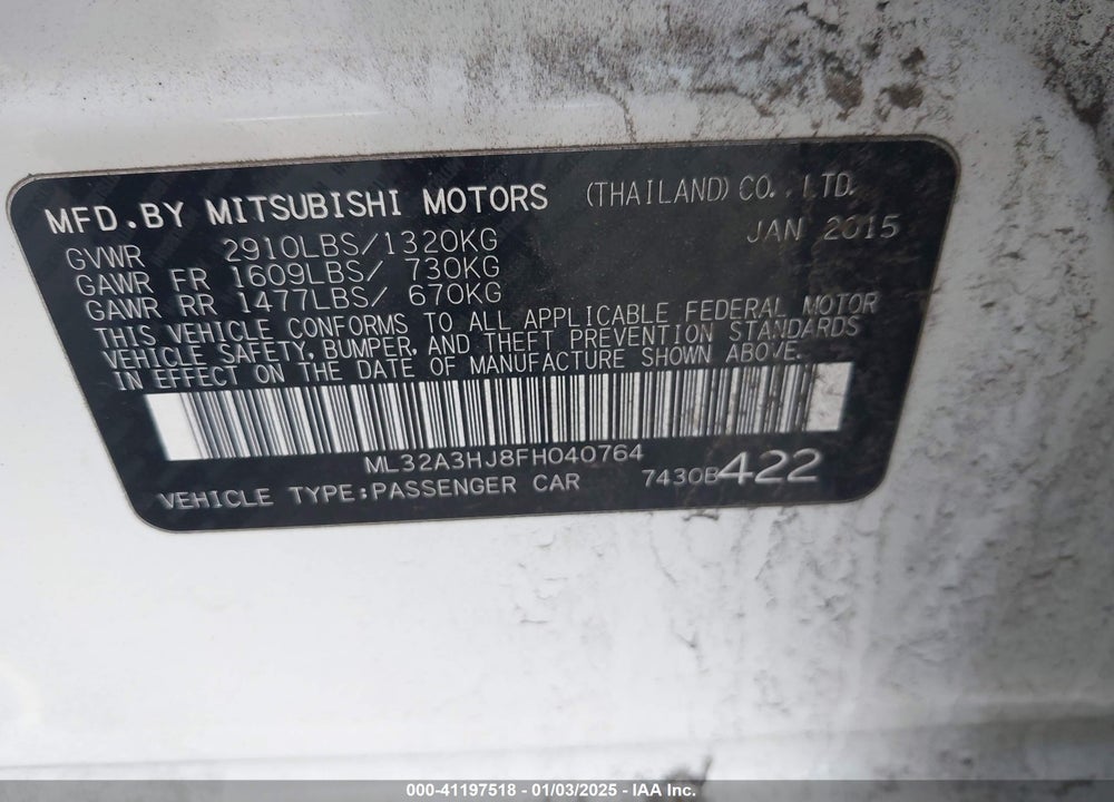 2015 MITSUBISHI MIRAGE DE/RF VIN: ML32A3HJ8FH040764