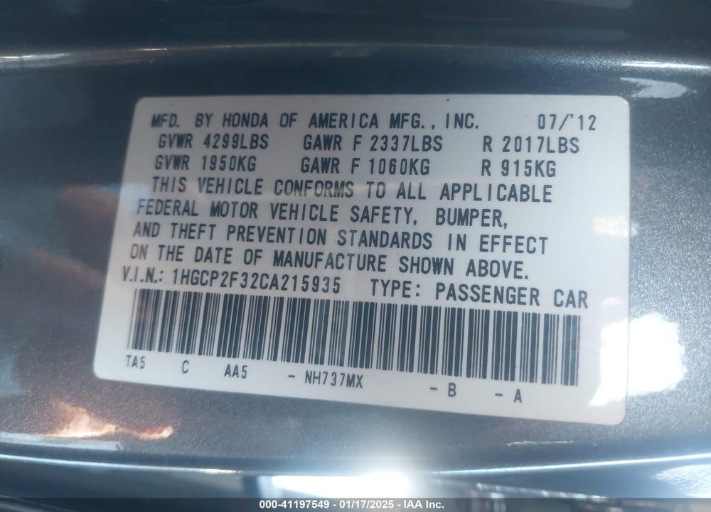 2012 HONDA ACCORD VIN: 1HGCP2F32CA215935