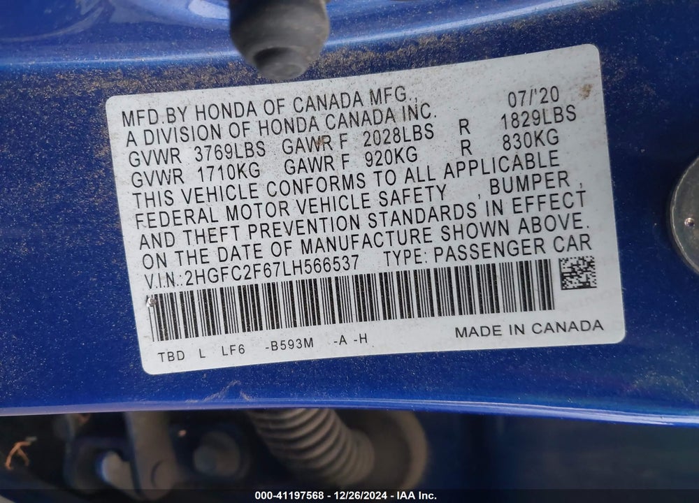 2020 HONDA CIVIC VIN: 2HGFC2F67LH566537