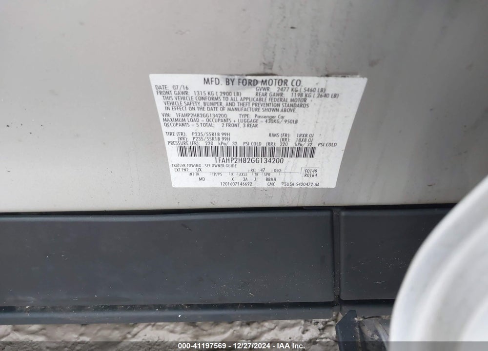 2016 FORD TAURUS VIN: 1FAHP2H82GG134200