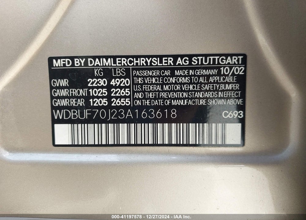 2003 MERCEDES-BENZ E 500 VIN: WDBUF70J23A163618