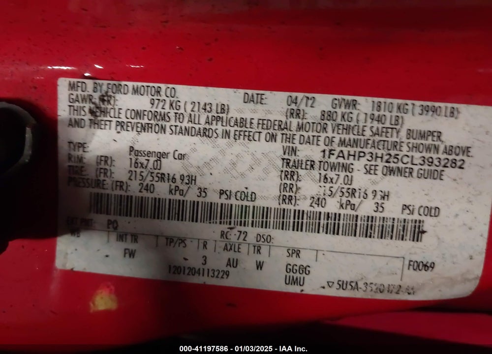 2012 FORD FOCUS SEL VIN: 1FAHP3H25CL393282