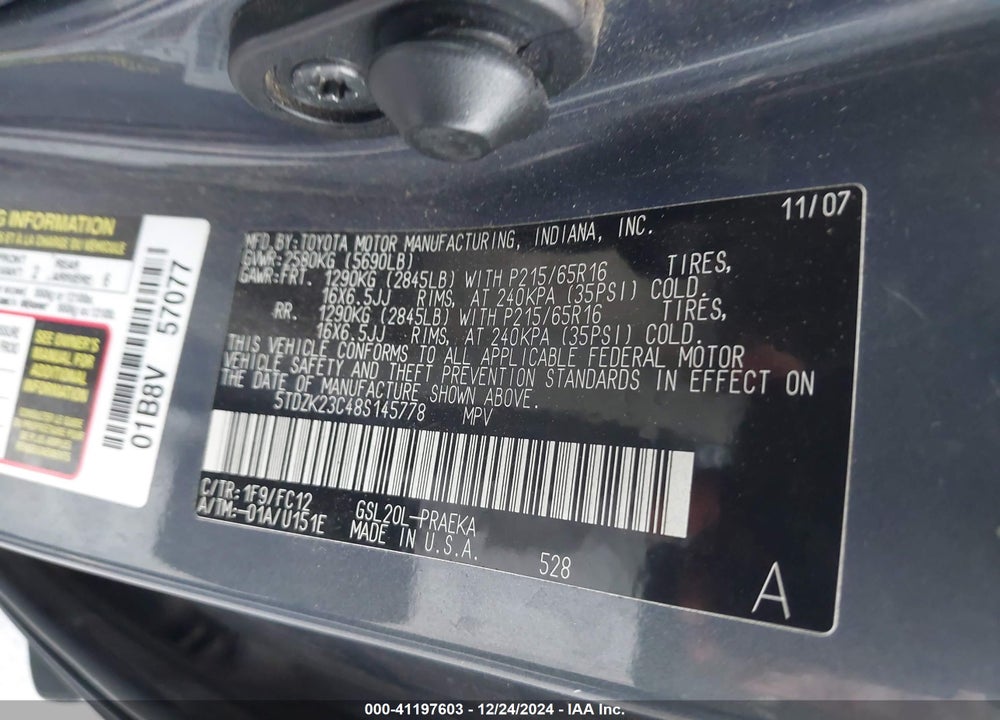 2008 TOYOTA SIENNA LE VIN: 5TDZK23C48S145778