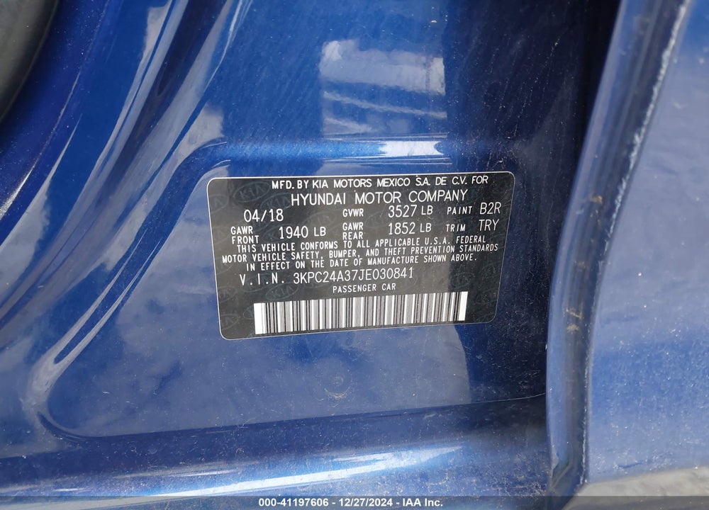 2018 HYUNDAI ACCENT VIN: 3KPC24A37JE030841