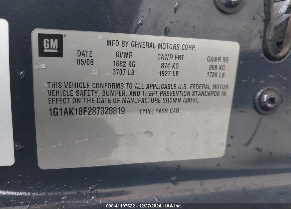 2008 CHEVROLET COBALT VIN: 1G1AK18F287328819