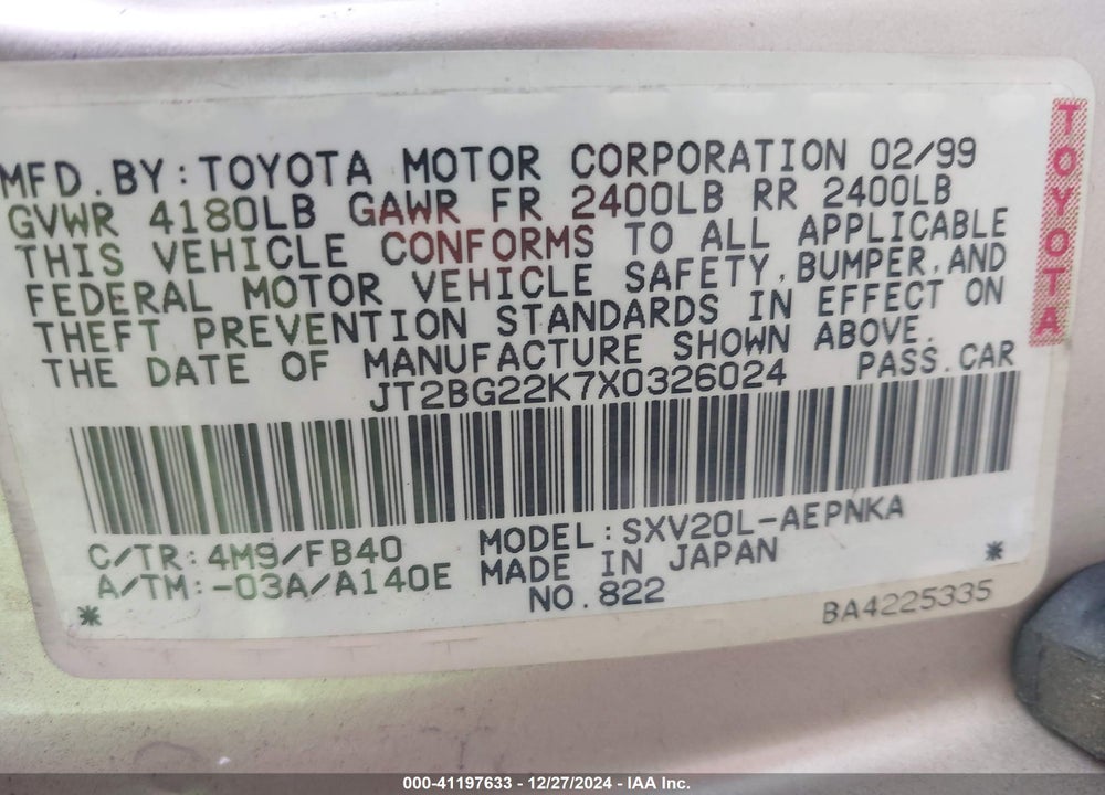 1999 TOYOTA CAMRY LE VIN: JT2BG22K7X0326024