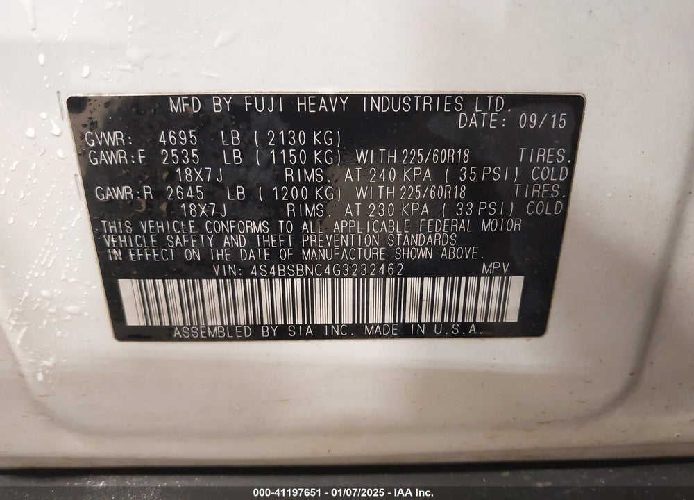 2016 SUBARU OUTBACK 2.5I LIMITED VIN: 4S4BSBNC4G3232462