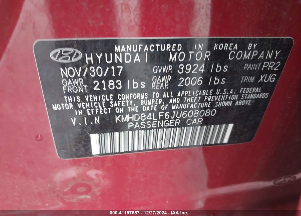 2018 HYUNDAI ELANTRA SEL VIN: KMHD84LF6JU608080
