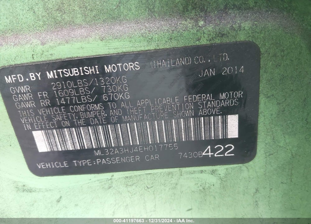 2014 MITSUBISHI MIRAGE VIN: ML32A3HJ4EH017755