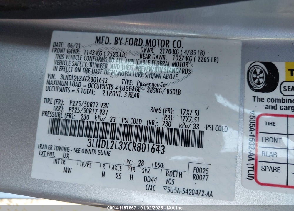 2012 LINCOLN MKZ HYBRID VIN: 3LNDL2L3XCR801643