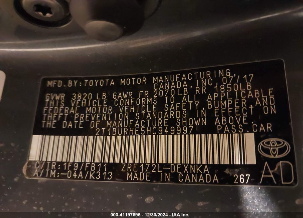 2017 TOYOTA COROLLA VIN: 2T1BURHE5HC949997