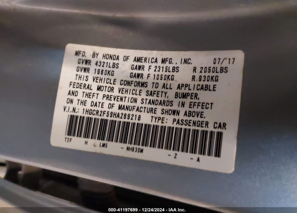2017 HONDA ACCORD SPORT VIN: 1HGCR2F59HA269218