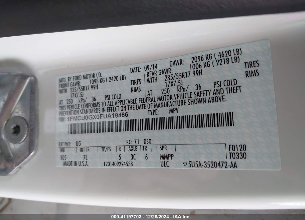 2015 FORD ESCAPE VIN: 1FMCU0GX0FUA19486