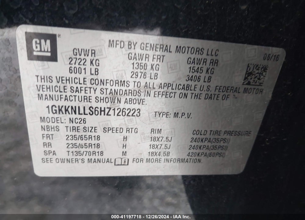 2017 GMC ACADIA SLE-2 VIN: 1GKKNLLS6HZ126223
